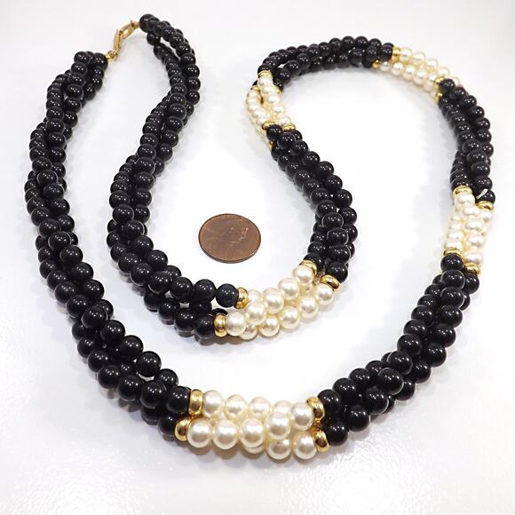 Vintage Napier Faux Pearl Black Bead Necklace, Twisted Strands, 1980, 31" - Picture 9 of 10